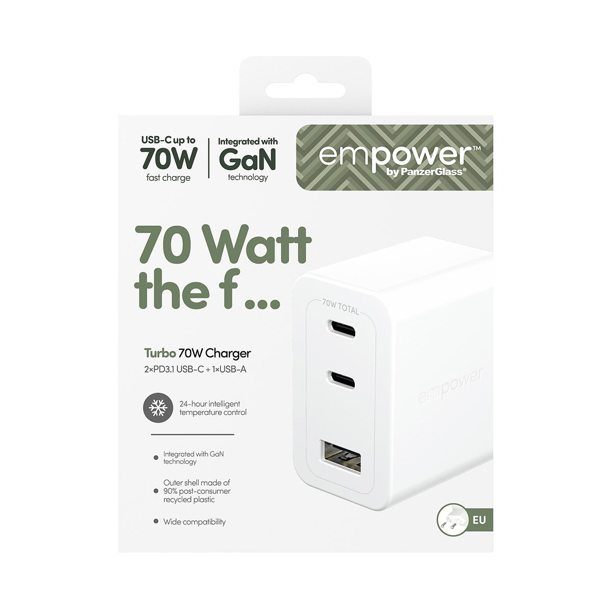 empower by PanzerGlass® Turbo 70W Multiple Ladegarät inkl. 2 x USB-C + USB-A | EU Anschluss | Silber Weiss